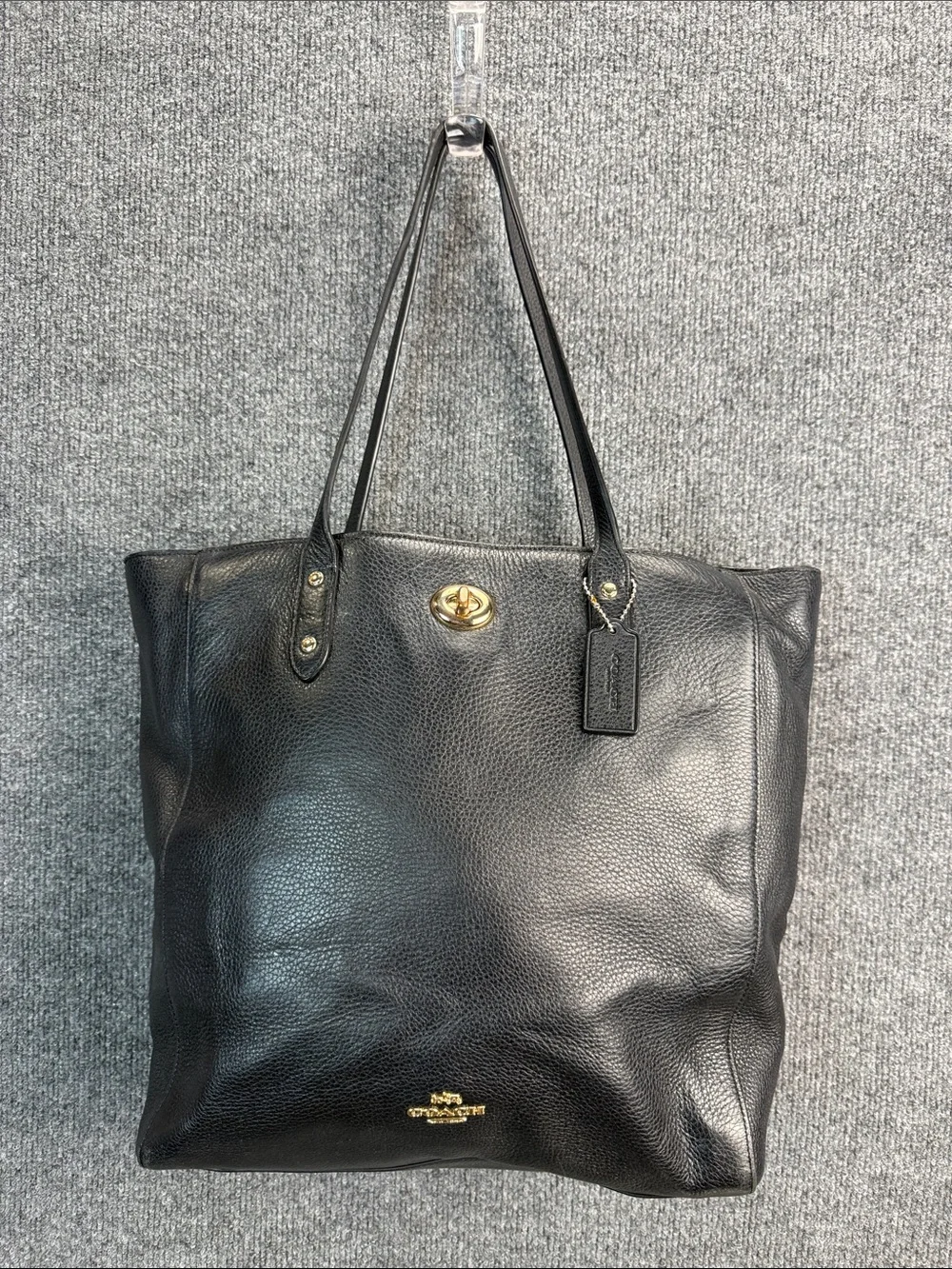 Coach Black Pebbled Soft Leather Turnlock Tote with Gold Hardware - Nice!